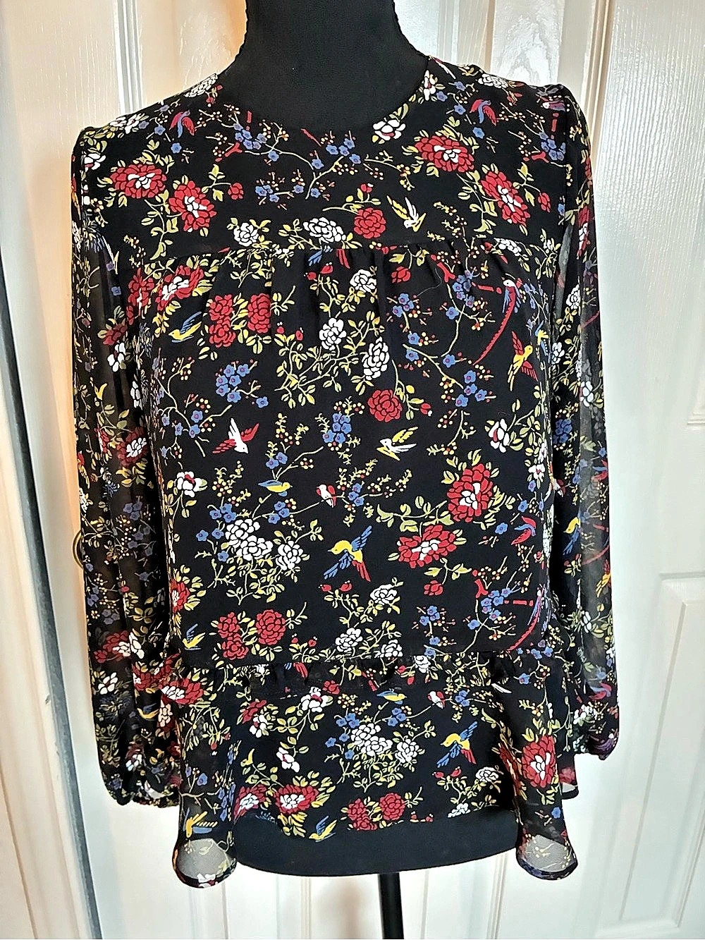Madewell Floral Long Sleeve Blouse in Black XXS Like New